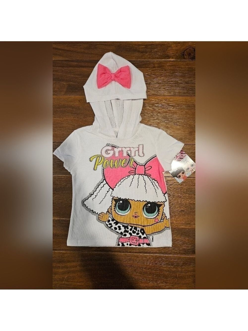 L.O.L. SURPRISE! NWT GIRL'S GRRRL POWER GLITTER GRAPHIC T-SHIRT HOOD& BOW SIZE 4